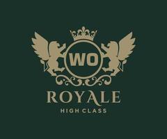 Golden Letter WO template logo Luxury gold letter with crown. Monogram alphabet . Beautiful royal initials letter. vector