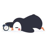 linda pequeño pingüinos dormir con alarma reloj vector