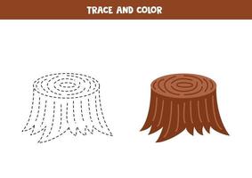 Trace and color cartoon cute stump. Worksheet for children. vector