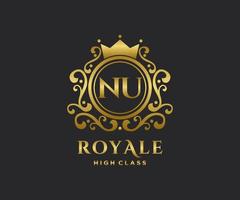 Golden Letter NU template logo Luxury gold letter with crown. Monogram alphabet . Beautiful royal initials letter. vector