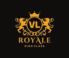 Golden Letter VL template logo Luxury gold letter with crown. Monogram alphabet . Beautiful royal initials letter. vector