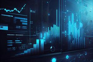 illustration of financial charts, futuristic, silhouette crypto currency market, isometric, blue background photo