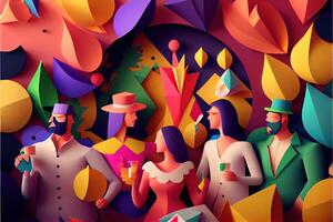 generativo ai ilustración de personas en nuevo años víspera fiesta fondo, hombres y mujer celebrando Días festivos juntos, ir de fiesta, aplausos y baile. papel cortar artesanía, 3d papel ilustración estilo. foto