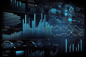 generativo ai ilustración de financiero gráficos, futurista, silueta cripto moneda mercado, isométrica, azul antecedentes foto