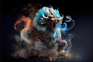 illustration of anthropomorphic traditional Chinese lion dance, big round eyes, plump body, Chinese Spring Festival, luminous particles, smoke photo