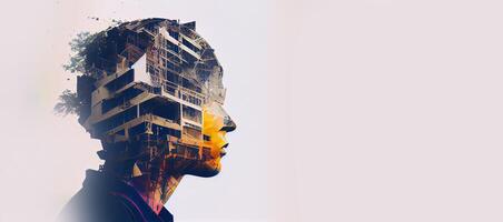 illustration of building construction engineering project devotion with double exposure design in head. Industrial and architecture. Neural network generated art. photo