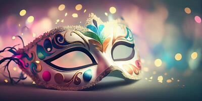 generativo ai ilustración de el vibrante energía y emoción de brasileño carnaval, veneciano carnaval máscara y papel picado con resumen desenfocado bokeh luces y brillante serpentinas foto