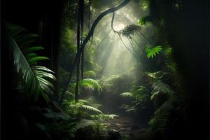 generativo ai ilustración de oscuro selva, Dom rayos mediante el árboles, Rico selva verdor. atmosférico fantasía bosque foto