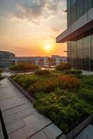 illustration of Gorgeous garden on the rooftop of a contemporary glass office building in Asia photo