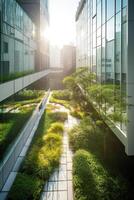 illustration of Gorgeous garden on the rooftop of a contemporary glass office building in Asia photo