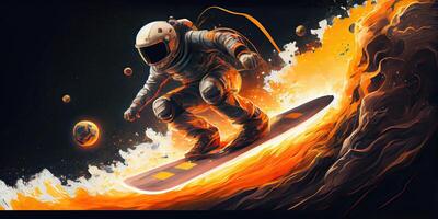 illustration of a space explorer riding a rocket-powered surfboard through an asteroid field, in a digital art style with a galactic color palette photo