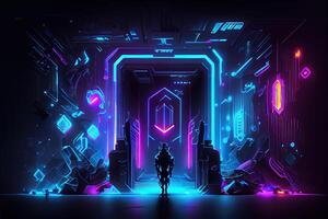 illustration of gaming background, abstract cyberpunk style of gamer wallpaper, neon glow light of scifi fluorescent sticks. Digitally generated image photo