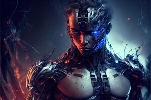 illustration of robot turning human still have skin, into cyborg, cyberpunk background photo