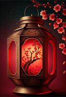 illustration of Chinese traditional red festival background with a chinese red plum blossom, lantern, spring festival, new year, chinese traditional culture element photo