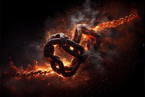 illustration of breaking steel chain with fire dust in dark background. Neural network generated art. photo