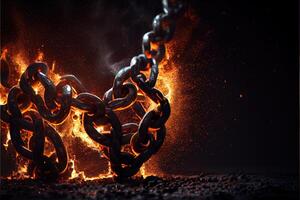 illustration of breaking steel chain with fire dust in dark background. Neural network generated art. photo