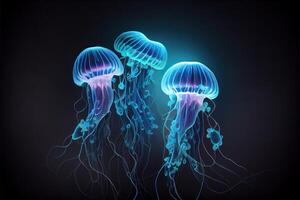 illustration of Glowing sea jellyfishes on dark background, light, magic, sea photo