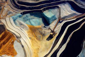 illustration of an aerial panorama of an anthracite coal mine, showcasing a big yellow mining truck collecting rocks in an open pit mine photo