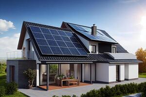 illustration of a newly constructed houses with solar panels on the roof under a bright sky, a close up of a brand new structure with blue solar panels photo