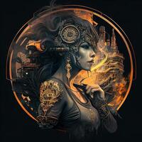 illustration of cyberpunk Zodiac sign with a industrial smoke, mechanic detail on shoulders, pollution, centered inside intricate gold and fire circle of city and Skyscrapers, steam punk photo