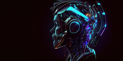 illustration of Metaverse concept and virtual world elements. Side view of human face in augmented or virtual reality headset inside the metaverse photo