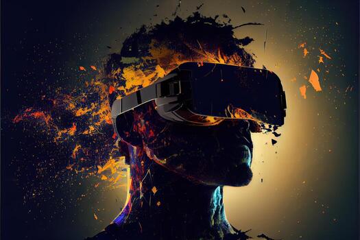 illustration of Metaverse concept and virtual world elements. Silhouette of a human face in augmented or virtual reality headset. Neural network art photo