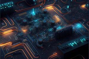 illustration of macro shot of circuit cyberspace board with computer motherboard component microchip with chip structure. Neural network generated art. photo