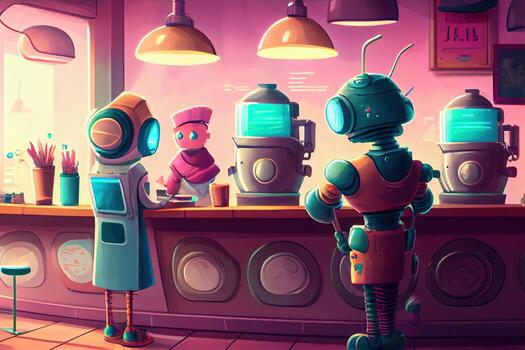 illustration of a futuristic robot cafe with a wide range of robot customers, where robots of all shapes and sizes come to enjoy a cup of java or a sweet treat photo