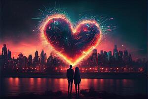 illustration of heart shaped fireworks . Lovers couple background night city . Valentine Day photo