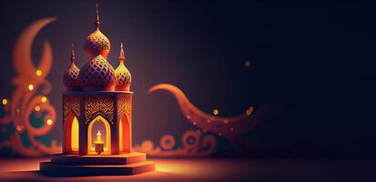 illustration of Islamic holiday. Ramadan night. Mosque and lantern displayed on stages with glowing light in the evening. Wallpaper and banner background. photo