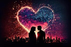 illustration of heart shaped fireworks . Lovers couple background night city . Valentine Day photo