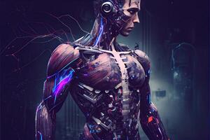 illustration of robot turning human still have skin, into cyborg, cyberpunk background photo