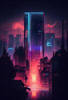 illustration of vibrant and nostalgic futuristic cityscape with detailed neon lights and reflections, a towering skyscraper in the center, neon dreams, a futuristic cityscape photo