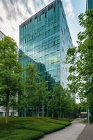 illustration of Gorgeous garden on the rooftop of a contemporary glass office building in Asia photo