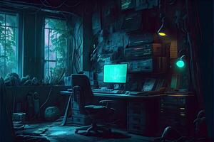 generativo ai ilustración de sucio y oscuro cyberpunk hacker escondite habitación con luces foto
