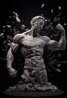 illustration of realistic stone man sculpture broken and pieces in black background. Motivation and surpassing yourself concept photo