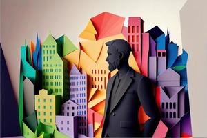 Business man in the city background, colorful. Business handshaking, successful concept. Paper cut craft, 3d paper illustration style. Neural network generated art. photo