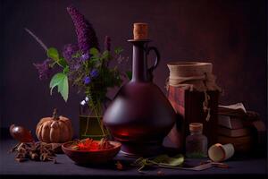 illustration of the ingredients of a flower vase arranged for a witch's cookbook. Herbs, bottles, vials, terracotta mixing pot photo