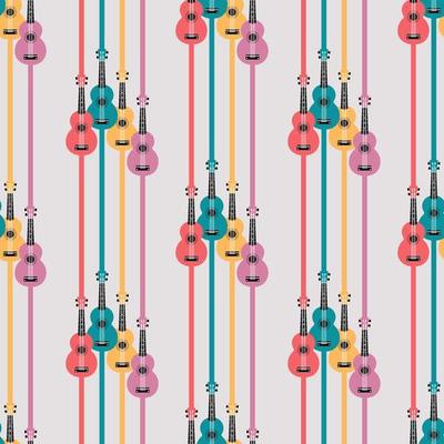 Vector seamless pattern of colorful, bright ukuleles, guitars with stripes.