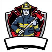 firefighter posing hold the axe badge vector