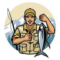 fisherman smiling while holding tuna vector