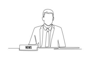 Continuous one line drawing happy news anchor on desk. News anchor concept. Single line draw design vector graphic illustration.