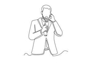 Continuous one line drawing Anchorman holding mic with reporting news. News anchor concept. Single line draw design vector graphic illustration.