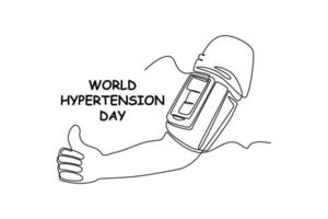 Single one line drawing the hand is checking the tension giving a thumbs up. World hypertension day concept. Continuous line draw design graphic vector illustration.
