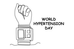 Single one line drawing hand using a sphygmomanometer. World hypertension day concept. Continuous line draw design graphic vector illustration.