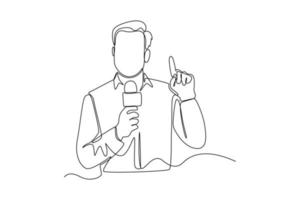 Continuous one line drawing Anchorman holding mic with reporting news. News anchor concept. Single line draw design vector graphic illustration.