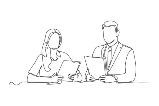 Continuous one line drawing two news anchors read new scripts. News anchor concept. Single line draw design vector graphic illustration.