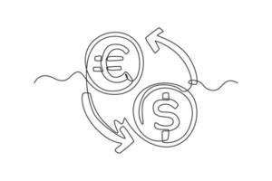 Single one line drawing coin money exchange. Bank concept. Continuous line draw design graphic vector illustration.