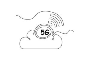 Continuous one line drawing 5G in cloud network. High-speed mobile Internet. 5G technology concept. Single line draw design vector graphic illustration.