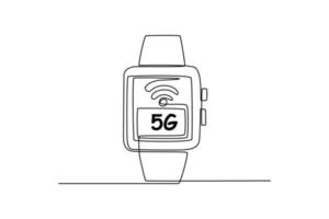 Continuous one line drawing smart watch with 5G. High-speed mobile Internet. 5G technology concept. Single line draw design vector graphic illustration.